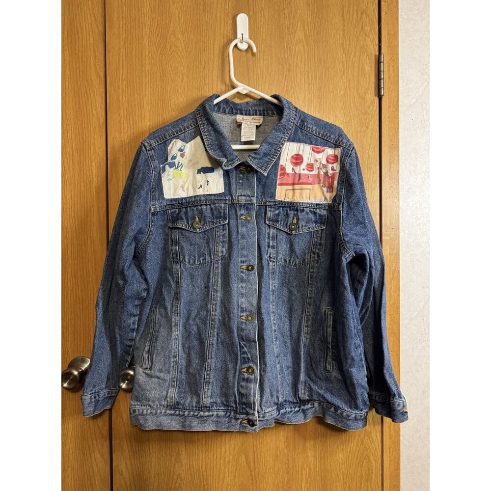 JANE ELISSA Denim Jean Jacket Patchwork Artsy Bohemian Chic Festival Concert 1X